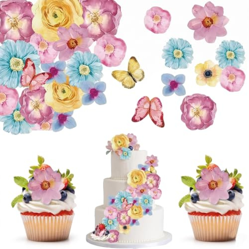 BIVYAX 102 Piezas Flores para Tartas, Hojas de Flores en Papel y Papel de Arroz, Decoraciones para Bodas, Cumpleaños, Baby Shower, para Tartas