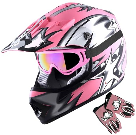 1Storm Youth Motocross Helmet BMX MX ATV Dirt Bike Helmet Matt Star Pink + Goggles + MG Youth Pink Glove Bundle