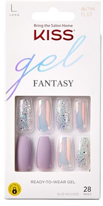 KISS Gel Fantasy Press On Nails “Rainbow Rings” – Faux ongles lilas métallisés mats pailletés longs amande coffin, effet gel salon, manucure DIY 28 ongles, colle 2 g, bâtonnet manucure et mini lime