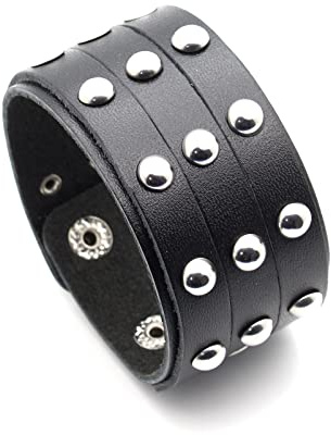Xusamss Punk Rock Three Row Rivet Wristband Wide Leather Cuff Bracelet(Black)