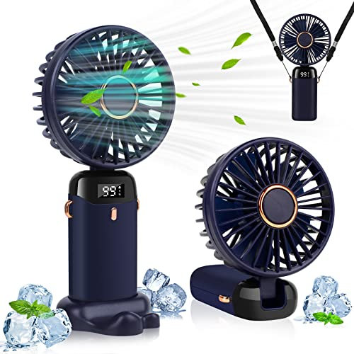 LYMYBETY Portable Handheld Fan, 4000mAh Mini USB Rechargeable Fans with Digital Display, Small Personal Pocket Fan with 5 Speeds, Foldable Desk Fan with Lanyard and Base for Home Travel (Dark blue)