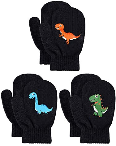 Geyoga 3 Paar Kinder Winter Fäustlinge Dehnbar Stricken Handschuhe Dinosaurier Warme Vollfinger Fäustlinge (Einfacher Stil)