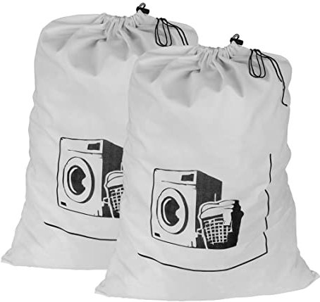 Maishijie Confezione da 2 sacchetti di tela di cotone resistenti per bucato, altamente resistenti, per vestiti sporchi, con cordino con chiusura a cavo (Bianco)