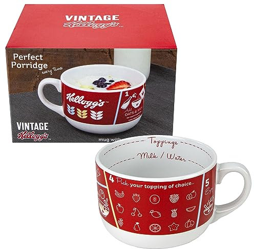 Kimm & Miller Kelloggs Porridge & Cereal Bowl Mug 560ml with Recipe Design - Ceramic Bowl with Handle - Use in Microwavable for Porridge and Soup