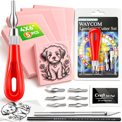 WAYCOM 5-Pack Linoleum Blocks for Printmaking: Linocut kit with Tools & Ink - 4x6 Rubber Carving Blocks - Art Craft Supplies for Beginners & Hobbyists - Gifts for Christmas/Birthday/Art Enthusiast