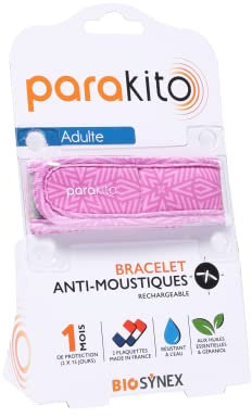 PARAKITO - Bracelet Anti-Moustiques Réutilisable - 2 Plaquettes Incluses aux Huiles Essentielles - 1 Mois de Protection - Sans DEET - Motif Graphique Rose - Taille Adulte