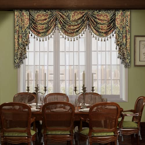 TOPLUXE Swag Valance for Windows, Classic Waterfall Valance with Tassels, Short Curtain for Bedroom Living Room Kitchen (Width 200cm, Leopard Print)