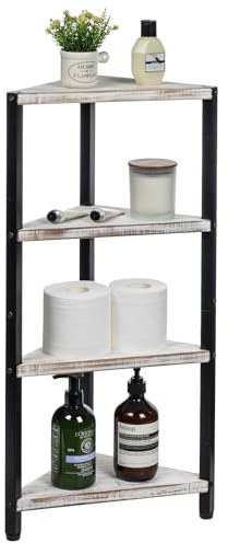 MyGift 4 Tier Corner Shelf Stand, Bathroom Floor Shelf, Decorative Storage for Entryway, Freestanding Bookshelf Display, Shabby White Washed Solid Wood and Matte Black Metal