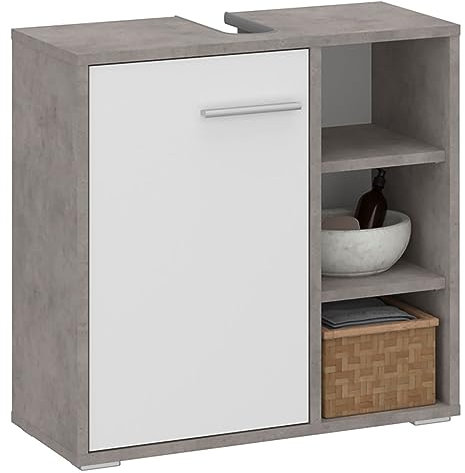 IDIMEX Meuble sous lavabo Nistos Rangement de Salle de Bain avec 1 Porte et 3 étagères Couleur béton et Blanc