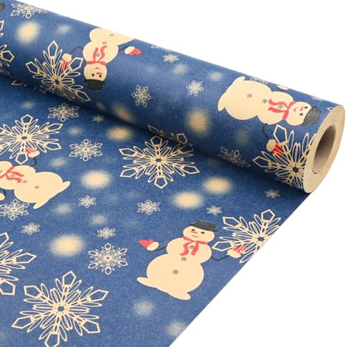 43cm*15m Christmas Wrapping Paper Roll Printed With Snowman and Snowflake,Blue Recyclable Wrapping Paper for Xmas Presents Birthday Party-snowman
