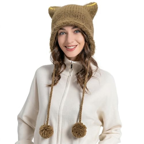 ZLYC Dam kattöra slouchy stickad mössa grunge söt vintermössa