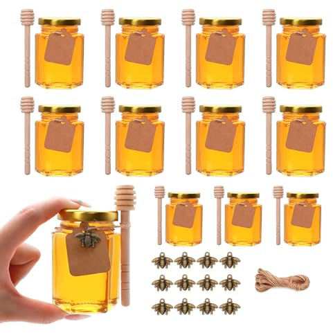 Woaiwo-q Hexagon Glass Jars, 4 oz 12 Pcs Hexagon Glass Honey Jars with Golden Lids,Wooden Honey Sticks,Bronzy Bee Pendants,Small Tags,1.5m Jute Twine -Glass Jars for Honey,Foods,Jam