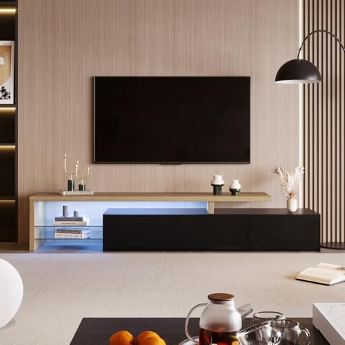 JOROBURO Meuble TV Moderne avec lumières LED Variables, 3 Portes et étagères en Verre – Buffet élégant pour Salon (Blanc) (Noir)