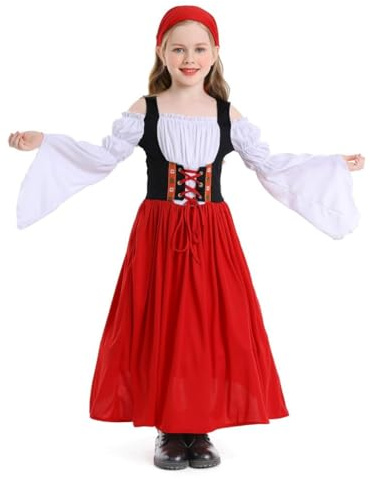Lito Angels Vestito Costume Oktoberfest Bavarese Dirndl Abito Tradizionale Tedesco con Foulard per Bambina Taglia 5-7 anni, Rosso