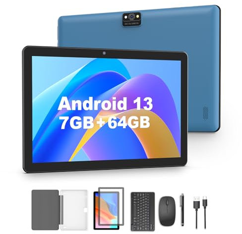 BAKEN 10 inch Android Tablet, Android 13 Tablets with Keyboard, 7GB+64GB, 1TB Expand, 4-Core, 6000mAh, 5G WiFi, Widevine L1, 2 in 1 Tablet with Keyboard, Mouse, Stylus (Blue)