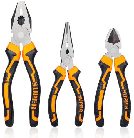 Riloventa 3-Teilig Zangenset, Spitzzange mit Ergonomischer Griff, Kombizange Universalzange, Zangen Set mit Schraubstöcke, Elektriker Zange, Seitenschneider Set, zange set für Heimreparaturen