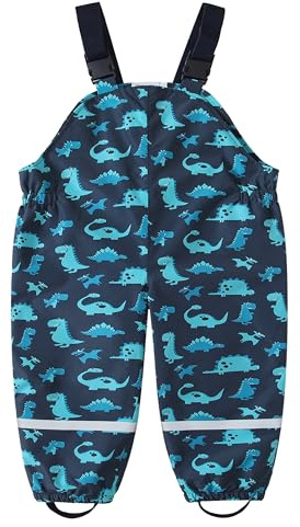 DAWILS Kids Rain Trousers Boys Bib Pants Waterproof Overall Trousers Girls Mud Trousers Waterproof Dungarees Childrens Dinosaur Rain Pants Toddler Puddle Suit for Outdoor Play 4-5 Years