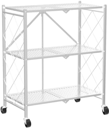 3 våningar hopfällbar hylla tung lasthylla, 71,5 x 36,5 x 87 cm, vikbar hylla med hjul, hushållshylla stående hylla vikbar förvaringsvagn, hopfällbar hylla för köket, kontoret, repository (vit）