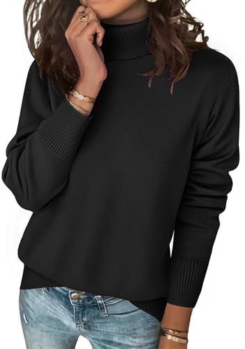 Womens Jumper Turtleneck Long Sleeve Casual Knitted Baggy Pullovers Black M