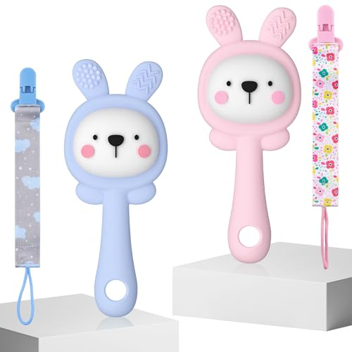 2 mordedores de silicona para bebés, mordedor de conejito para aliviar la dentición, juguete masticable para bebés para el dolor de encías, mordedores (0 – 6 meses)