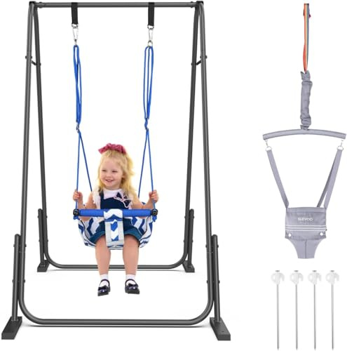 Slevoo 2-in-1 Baby Jumper and Toddler Swing Set with Foldable Metal Frame, Indoor and Outdoor Play for Ages 6 Months to 6 Years, Supports Up to 200 Pounds (Grey)