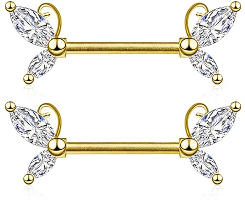 2 Pcs Nipple Bars Gold, 14G Nipple Piercing Jewellery Butterfly Stainless Steel, Tongue Piercing Jewellery, Personalized Accessories Suitable for Women Nipple Tongue Eyebrow and Ear Puncture Jewellery