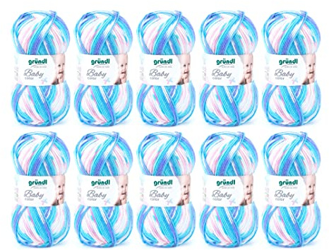 Gründl Babyfärg, 10 nystan om 50 g ull (ullliknande handstick- och virkgarn, tvättbar, av 70% polyakryl och 30% polyamid, 100 g/300 m, nåltjocklek: 3,5 – 4,5, 10 x 50 g), turkos multifärgad