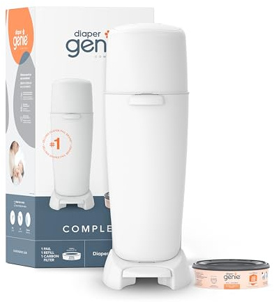 Diaper Genie Complete Diaper Pail (White) – Includes 1 Refill (Holds 270 Newborn Diapers) & 1 Carbon Filter
