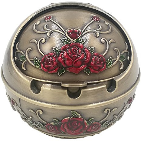 Windproof Ashtray with Lid for Outdoor and Indoor Use,Metal Portable Cigarette Ashtrays,Ball Ash Tray,Red Rose,Bronze
