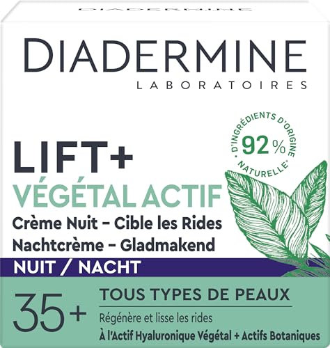 Diadermine - Lift+ Végétal Actif - Crème Visage de Nuit - Soin Anti-Rides Fermeté - Acide Hyaluronique Végétal et Actifs Botaniques - Régénère et Lisse Intensément les Rides - Pot de 50 ml