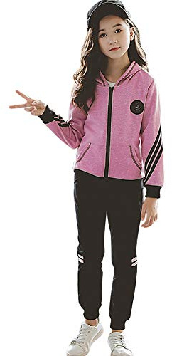 YFPICO Survêtement Fille Encapuchonné Sweat à Capuche Ensemble de Sport 2/3 Pièces Veste Pantalon de Sport Sweat-Shirt Zippé Vêtement de Printemps Automne Costume Jogging Joggers, 15-16 Ans