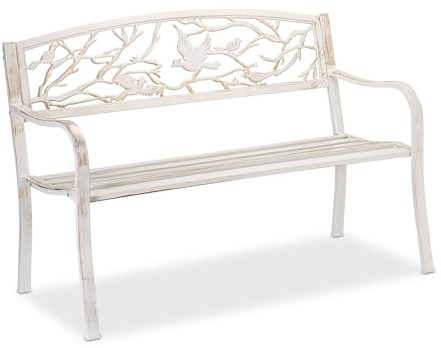 Relaxdays Banco Jardín, Adornos Pájaros, 2 Personas, Asiento Vintage, Balcón y Terraza, Acero, 87x127x57 cm, Romántico