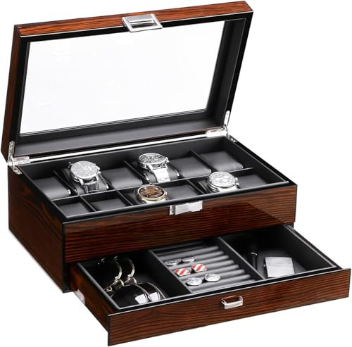 BEWISHOME High-End Watch Case, 12 Slot Wooden Watch Box with Valet Drawer, 2-Layer Watch Display Case for Jewelry, Watch Holder, Watch Organizer for Men Women Brown ESSH02Y
