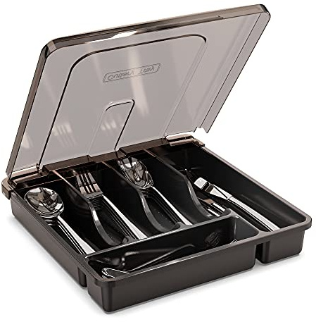 YICOCHI Utensil Holder for Countertop with Lid, Plastic Silverware Tray for Drawer, 5 Compartments Flatware Organizer, Black