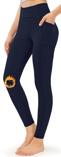JOYSPELS Womens Fleece Lined Thermal Leggings with Pockets High Waisted Winter Warm Yoga Pants Gym Workout Fitness Running Thick Spandex Pants NavyBlue XS
