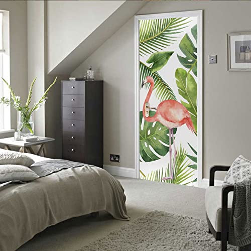 A.Monamour Türtapete Selbstklebend Türfolie Türposter 3D Aquarell Muster Von Flamingo Und Palmen Auf Weißem Hintergrund Vinyl Folie Türdeko Tapete Wandbild Türaufkleber Türtattoo 77 x 200 cm