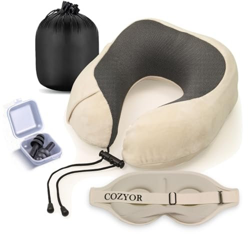 Reiseset 3-tlg: Ohrstöpsel + Schlafmaske + Nackenkissen, kuschelig weich & kompakt, verstellbares Nackenhörnchen Memory Foam, Augenmaske 100% dunkel leichtes Set für Flugzeug, für Kinder & Erwachsene