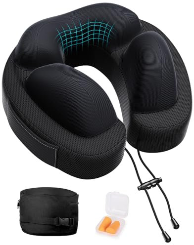 JINXIA Reisekissen für den Nacken, Tragbares Nackenkissen aus Memory-Schaum für Flugzeuge, Autos, Züge, Büro, Atmungsaktiver Stoff und Leicht für den Nacken mit Ohrstöpsel, Schwarz(Weichere Version)