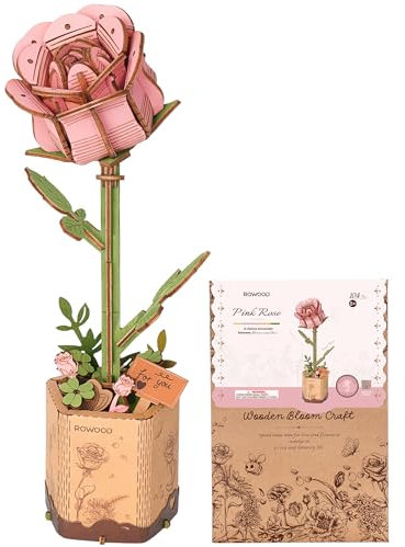 ROWOOD Puzzle 3D, Fleur en Bois, kit de modélisation de Fleurs artificielles à Assembler pour Adultes (Pink Rose)