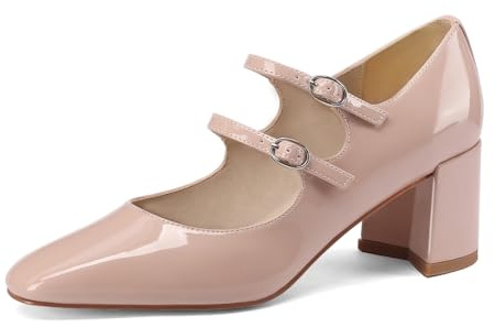MIRAAZZURRA Mary Jane Pump - Zapatos de tacón cuadrado para mujer, elegantes con correa al tobillo, tacón redondo, charol con hebilla, Cuello., 36 EU
