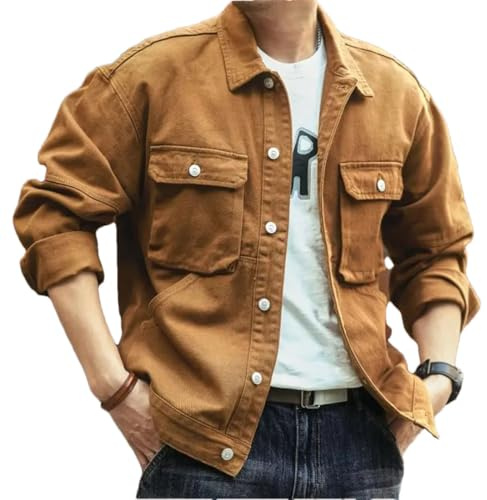 Chaqueta de mezclilla para hombre, estilo cargo, de gran tamaño, color marrón, para hombre, Chaqueta amarilla, L