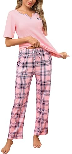 Bresdk Pigiama Donna Cotone Manica Corta Pigiami Due Pezzi da Donna Morbido e Leggero Pantaloni a Quadri Set Pigiama da Notte Estivo Lungo | Il mix di alta qualità offre un'elevata traspirabilità, una leggera elasticità e un morbido comfort sulla pelle