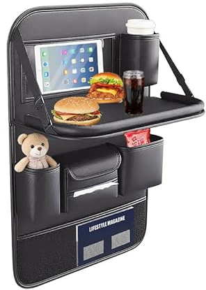 Mautopily Auto Organizer mit Tisch Leder, Autoaufbewahrung für Kinder mit Klapptisch, Rückenlehnenschutz für Vordersitz & Rücksitz Reisetisch (Schwarz)