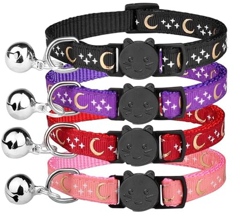 Cat Collar with Moon & Stars, Quick Release for Safety, Includes Bell for Sound, Durable & Stylish for Cats & Kittens, Comfortable Fit