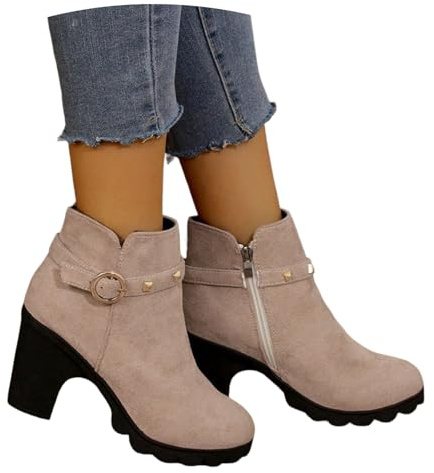 Stivaletti In Pelle Scamosciata for L'inverno Stivali Corti Da Donna Con Borchie Eleganti Stivaletti Con Tacco A Blocco Scarpe Alla Caviglia Con Fibbia for Lavoro, All'aperto, Festa(Beige,39 EU)