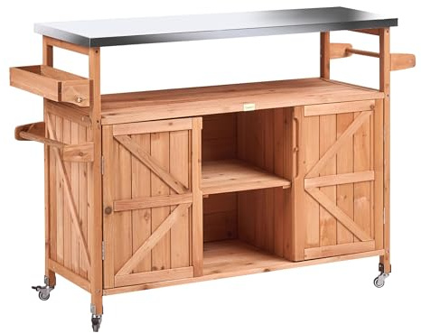 Beliani Cucina da Giardino in Legno di Abete con Ruote 2 Ante a Giorno 128 x 47 x 85 cm Marrone
