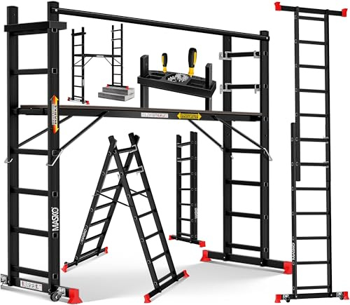 Masko Échafaudage en aluminium - Échelle simple - Échelle fixe - Échafaudage - Échelle d'escalier - Plateforme de travail - Charge maximale : 150 kg - Revêtement antidérapant - Certifié GS (EN 131)