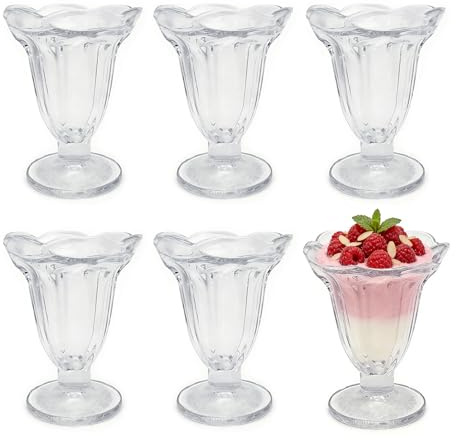 yaenoei 6 Pack Glass Tulip Sundae Cups, 6.7 Ounce Clear Footed Dessert Bowls for Ice Cream, Milkshakes, Sherbet, Fruit, Salad, Snack, and Cocktail Serving