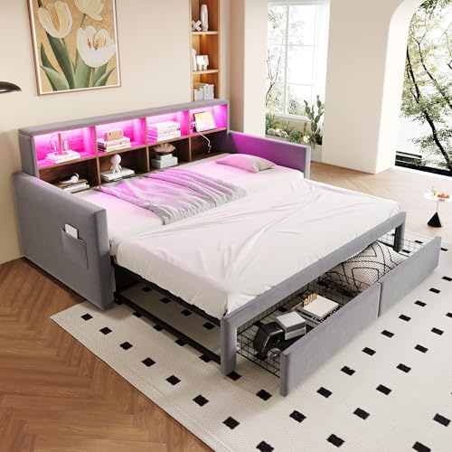 Wiuzo Cama tapizada extensible, sofá cama 90/180 x 190 cm, cabecero con compartimentos de almacenamiento integrados, barra de luz LED y enchufes de carga, con dos cajones y somier (gris claro)