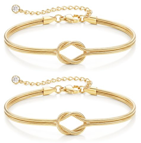 FIOROYAL 2 Piezas Pulsera Mujer Plata Oro con Nudo del Amor Pulseras para Parejas Pulseras de La Amistad Cadena Serpentina Ajustable Regalo Cumpleaños Mujer Hombre Regalo Pareja Amiga S